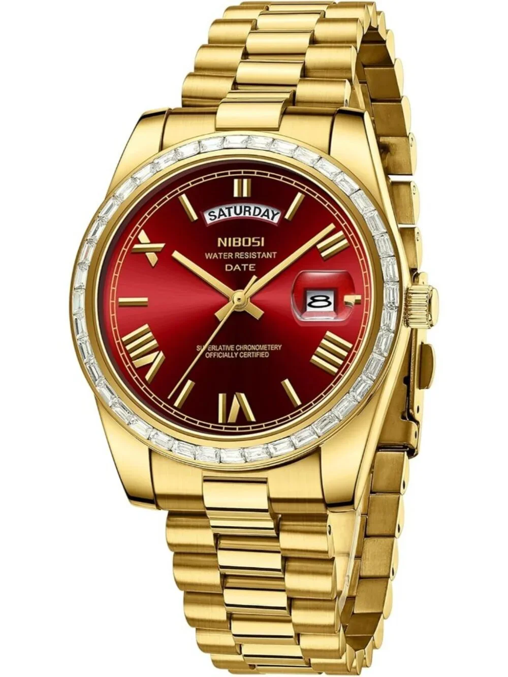 Nibosi Men's Gold Red Analog Quartz Diamond Bezel Stainless Waterproof Watch
